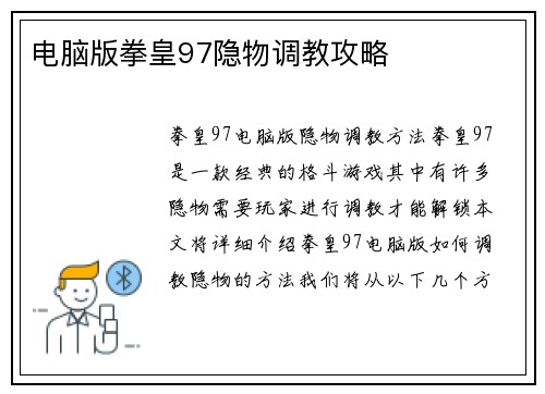 电脑版拳皇97隐物调教攻略